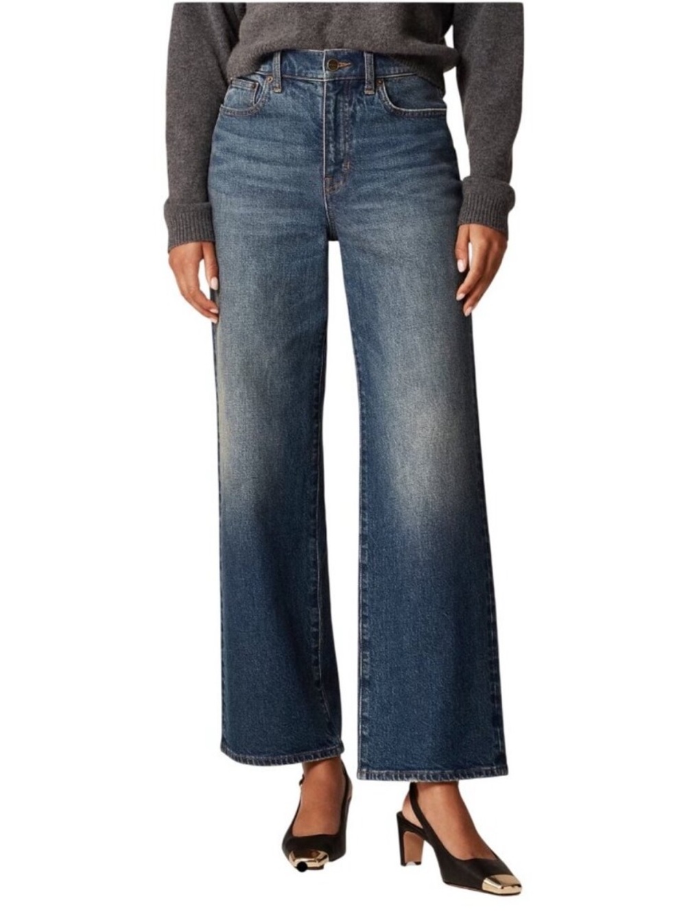 J crew semi stretch high rise slim wide medium wash blue denim jeans